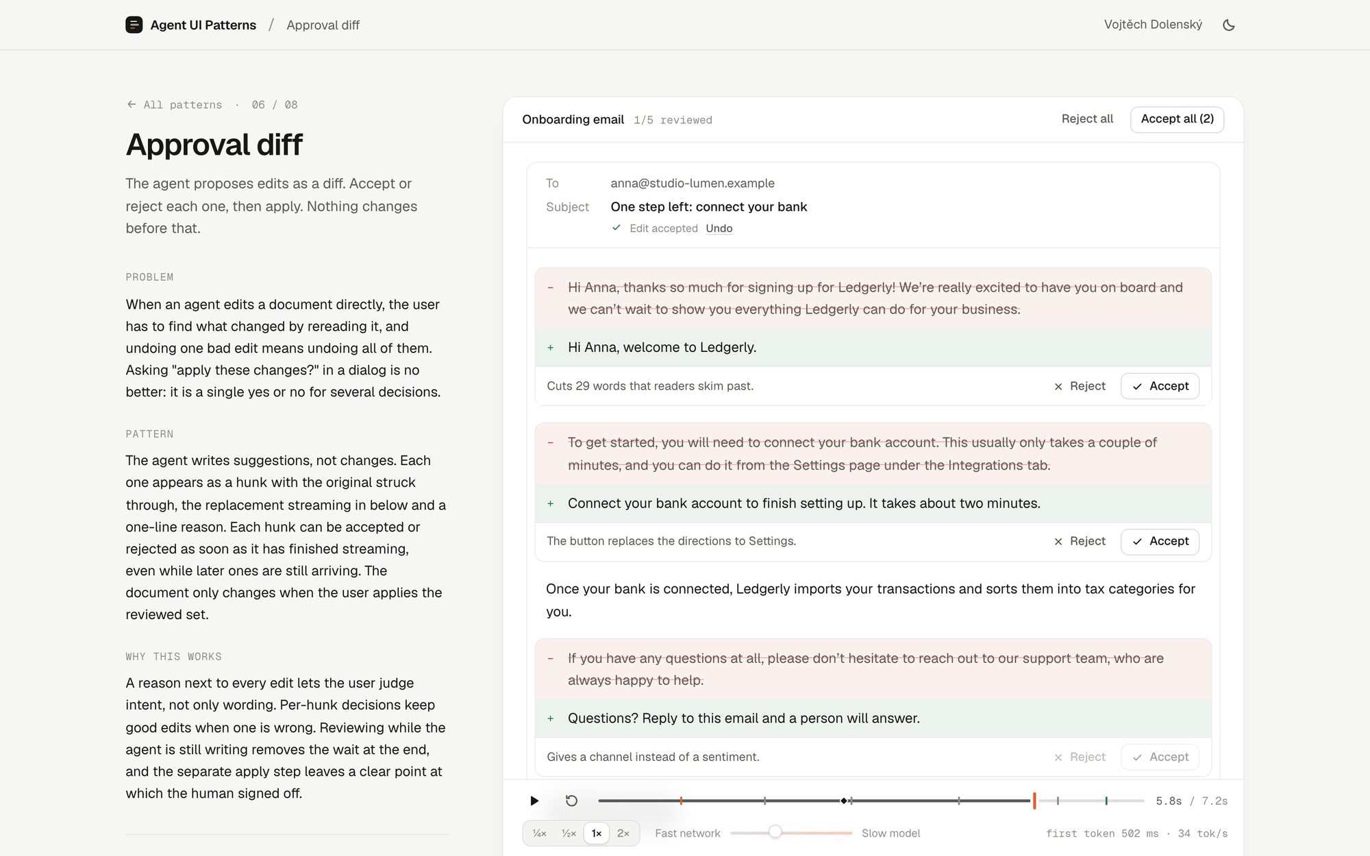 Approval diff: the original crossed out, the replacement and a one-line reason.